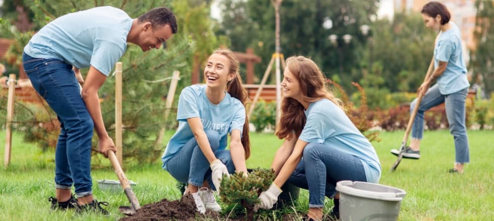 young people volunteers outdoors planting trees digging ground talking cheerful