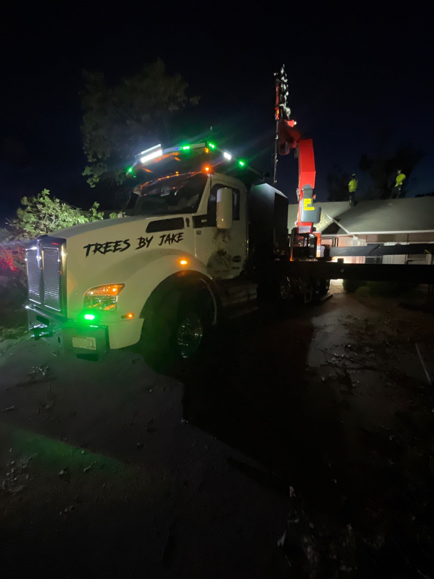 A truck labeled "Trees by Jake" with bright lights illuminates a driveway at night. Workers with a crane are managing tree branches on the roof of a nearby building.