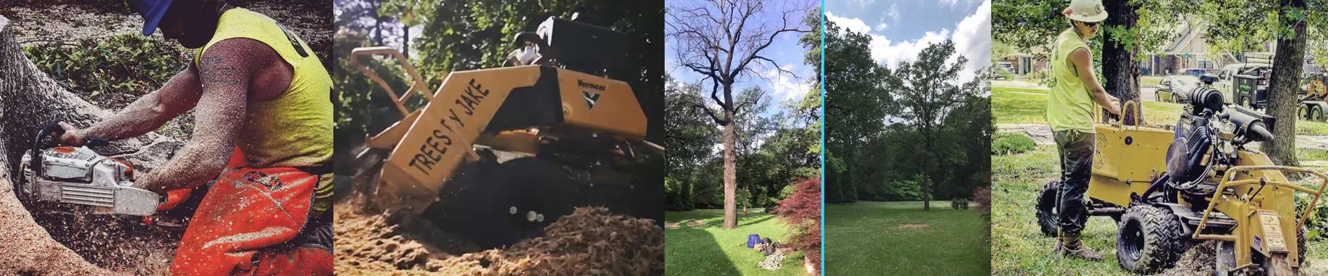 A collage of tree services images with various stump grinding and stump grinding equipment.