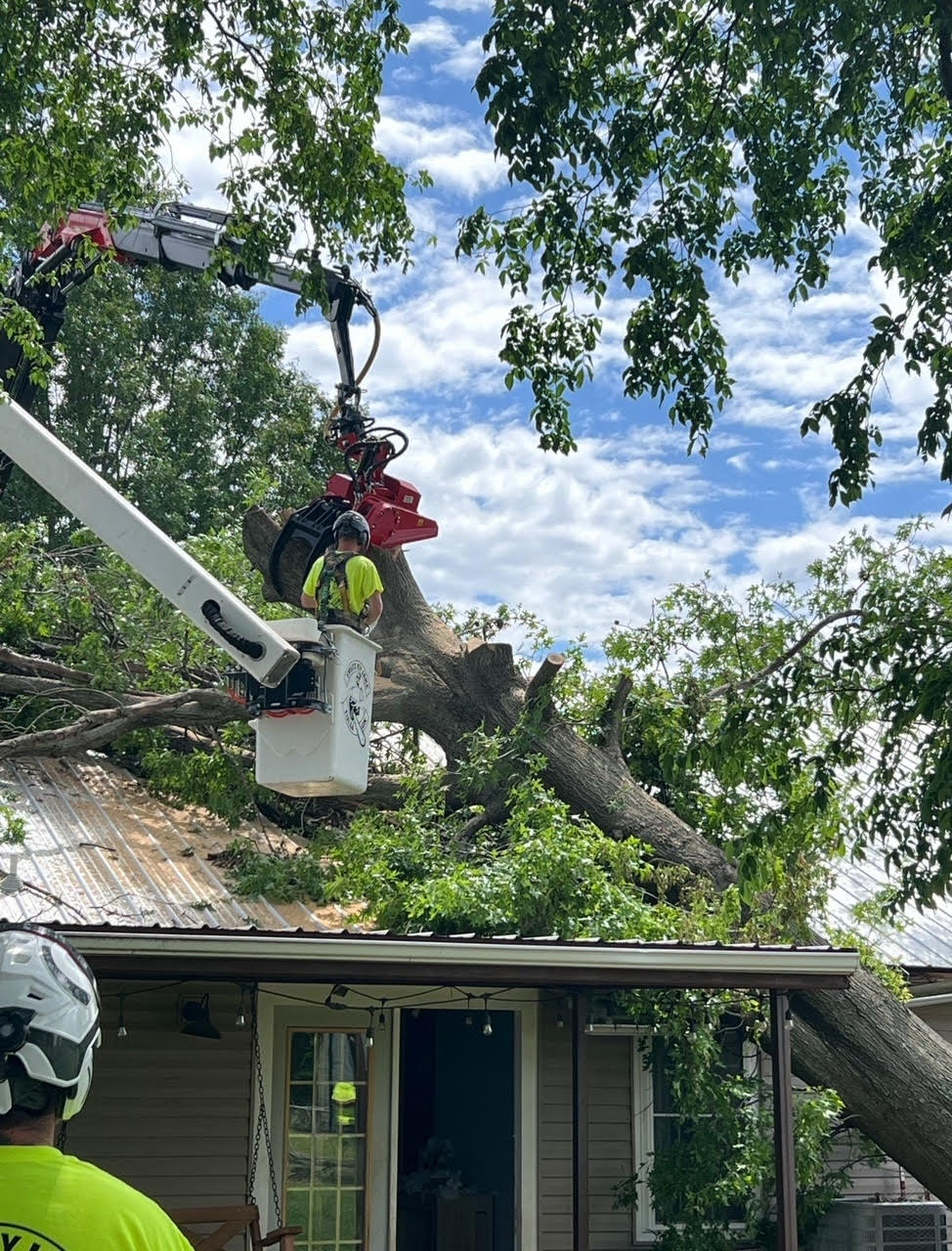 A worker in a bucket truck uses a chainsaw to cut a large fallen tree on a metal roof of a house. Another person in hi-vis attire stands below. The sky is partly cloudy.
