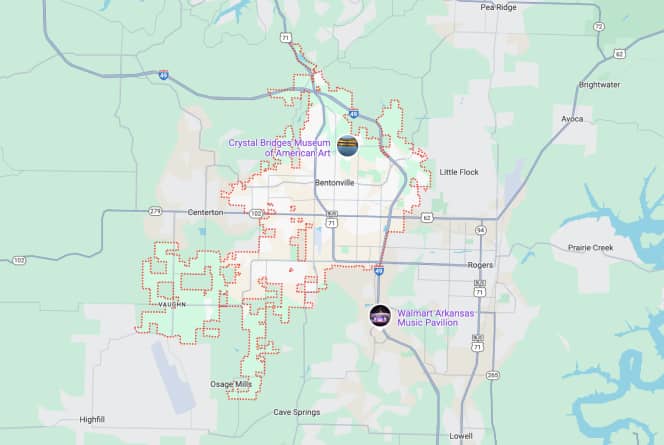 Map of Bentonville, Arkansas, showing major roads, natural areas, and landmarks like Crystal Bridges Museum of American Art and Walmart Arkansas Music Pavilion.