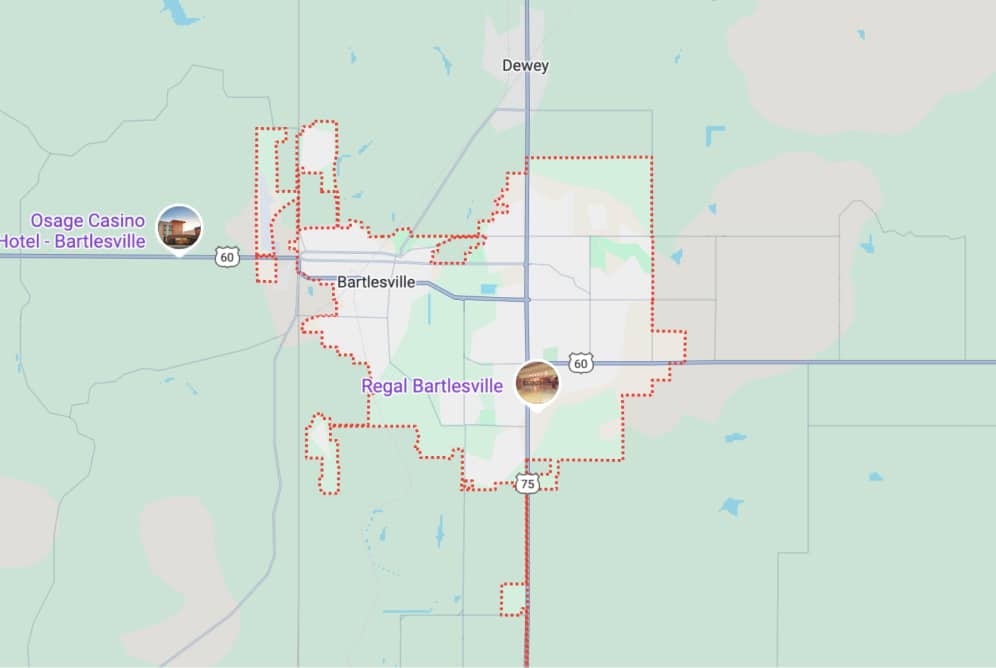 Map showing Bartlesville, OK, with marked locations of Osage Casino Hotel and Regal Bartlesville. Major highways 60 and 75 are visible.