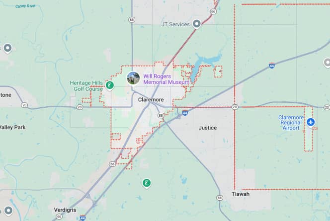 Map showing Claremore, Oklahoma, highlighting Will Rogers Memorial Museum, Heritage Hills Golf Course, and Claremore Regional Airport. Major highways I-44 and US-66 are also visible.