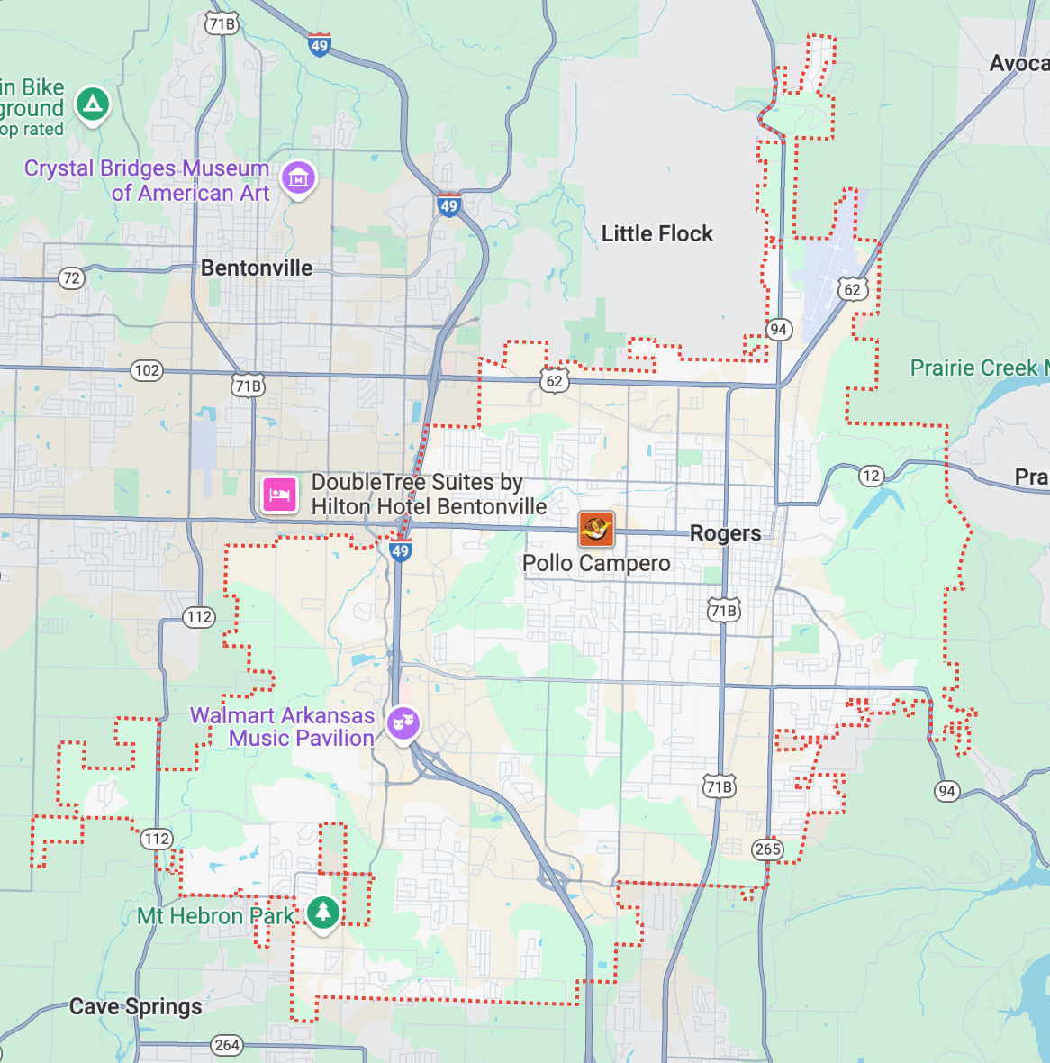 Map showing highways, roads, and landmarks around Bentonville and Rogers in Arkansas, including hotels and parks.