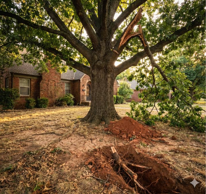 A large tree with a broken limb stands in a yard; a fresh hole with exposed roots and displaced soil is in the foreground near a brick house.