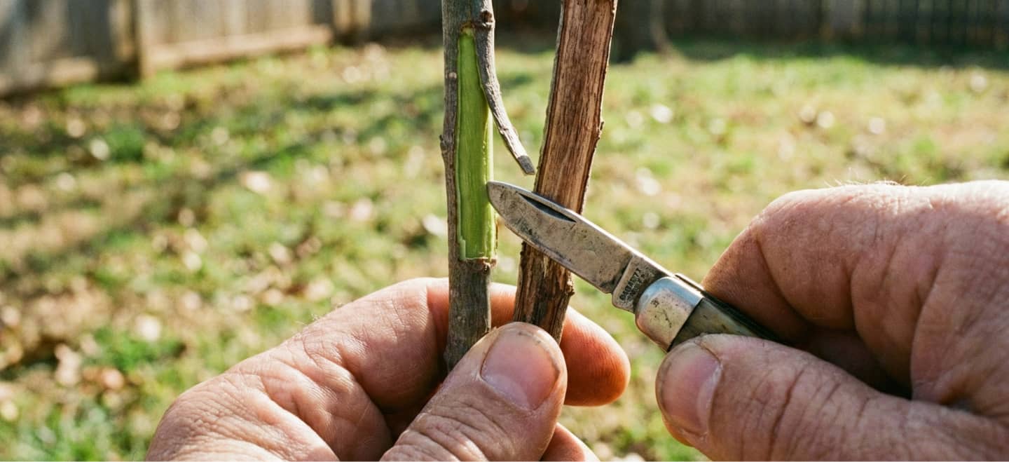 A close-up of hands grafting two plant stems together using a knife, with a grassy yard in the background.
