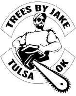 Logo for "Trees By Jake" in Tulsa, OK, featuring a person holding a chainsaw, wearing sunglasses and a hat.